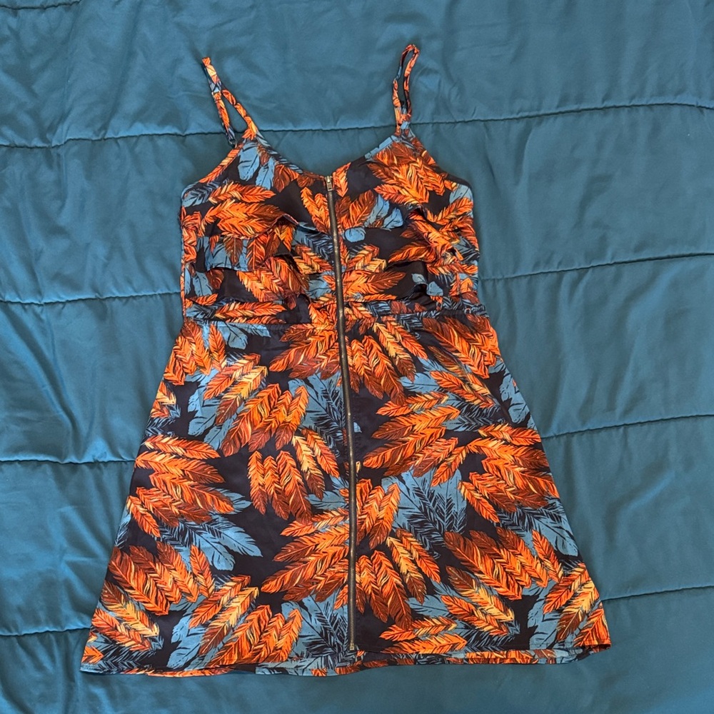 Xhilaration Orange and Blue Leaf Print Mini Dress
